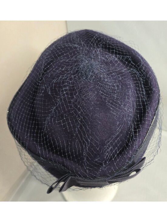 Vintage Glenover Hat Ribbon Veil pillbox Navy Blue Felt formal  derby party main image 5